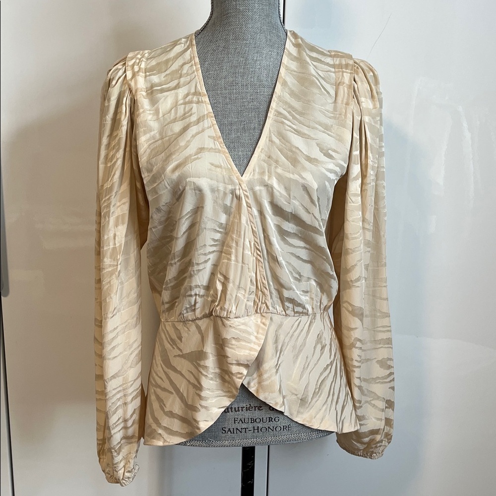 NWOT RONNY KOBO Silk Cream Zebra Print Wrap Blouse, Size M